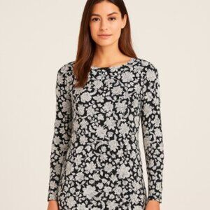 J. Jill Wearever Collection Black White Floral Long Sleeve Stretch Knit Dress L